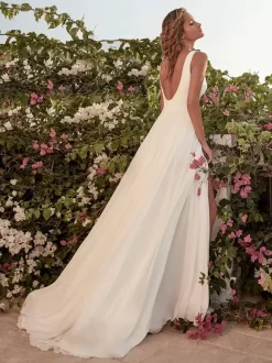 Simple Wedding Dress Satin Fabric Jewel Neck Sleeveless Split Front A-Line Bridal Gowns