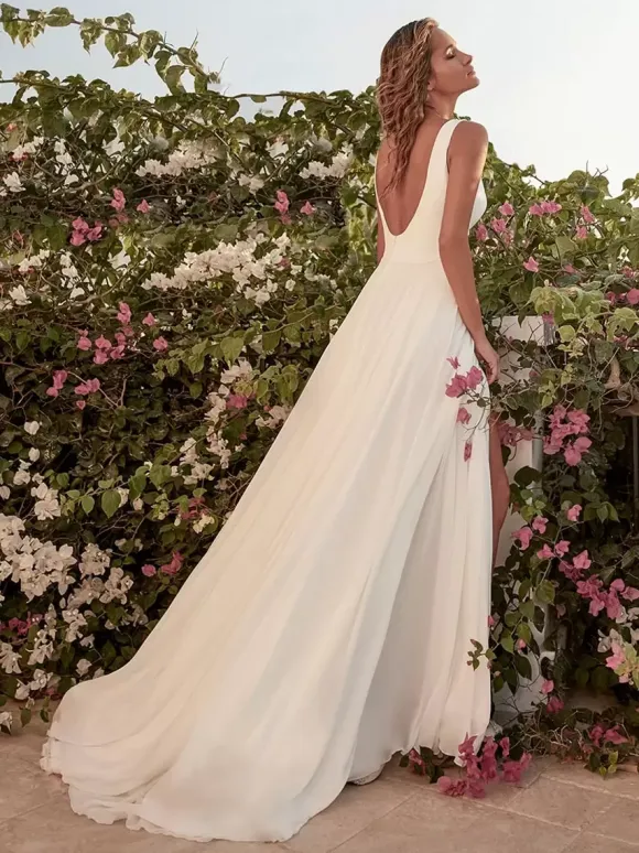 Simple Wedding Dress Satin Fabric Jewel Neck Sleeveless Split Front A-Line Bridal Gowns