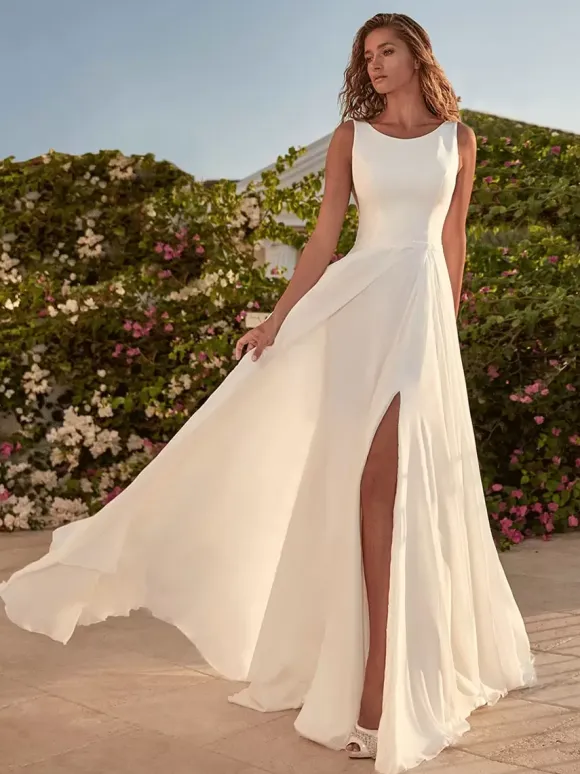 Simple Wedding Dress Satin Fabric Jewel Neck Sleeveless Split Front A-Line Bridal Gowns