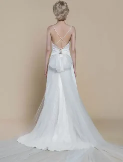 Simple Wedding Dress Sheath V-Neck Sleeveless Bows 30cm Bridal Gowns