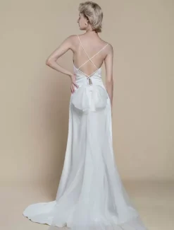 Simple Wedding Dress Sheath V-Neck Sleeveless Bows 30cm Bridal Gowns