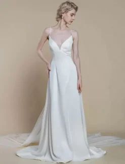 Simple Wedding Dress Sheath V-Neck Sleeveless Bows 30cm Bridal Gowns