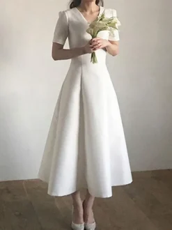 Simple Wedding Dress Stretch Crepe V-Neck Short Sleeves A-Line Bridal Dresses