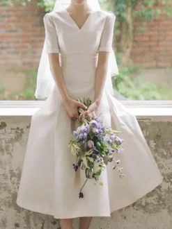 Simple Wedding Dress Stretch Crepe V-Neck Short Sleeves A-Line Bridal Dresses