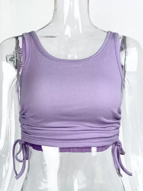 Simple Cami Tops Round Neck Drawstring Convertible Casual Camis