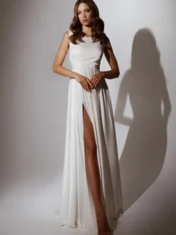 Simple Wedding Dress A-Line Jewel Neck Sleeveless Split Front Bridal Dresses