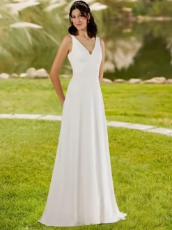 Simple Wedding Dress A-Line V-Neck Sleeveless Buttons Bridal Dresses