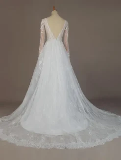 Simple Wedding Dress A Line V Neck Long Sleeves Lace Floor Length Bridal Gowns Free Customization