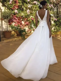 Simple Wedding Dress Chiffon V-Neck Sleeveless Sash A-Line Bridal Dresses