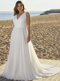 Simple Wedding Dress Chiffon V-Neck Sleeveless Sash A-Line Bridal Dresses