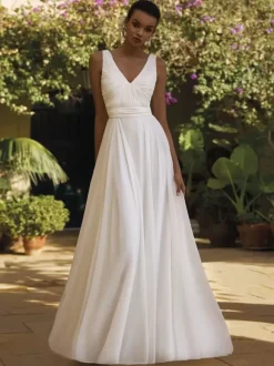 Simple Wedding Dress Chiffon V-Neck Sleeveless Sash A-Line Bridal Dresses