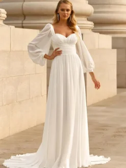 Simple Wedding Dress Chiffon Sweetheart Neck Long Sleeves Pleated A-Line Bridal Dresses