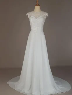 Simple Wedding Dresses 2026 Chiffon A Line V Neck Sleeveless Lace Beaded Bridal Gowns With Train