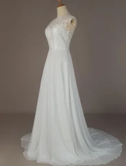 Simple Wedding Dresses 2026 Chiffon A Line V Neck Sleeveless Lace Beaded Bridal Gowns With Train
