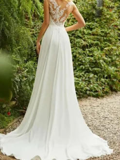 Simple Wedding Dresses 2026 Chiffon A Line V Neck Sleeveless Lace Beaded Bridal Gowns With Train