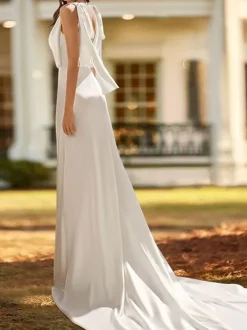 Simple Wedding Dress Lycra Spandex V-Neck Sleeveless Bows A-Line 60cm Bridal Dresses
