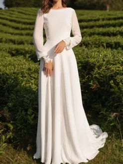 Simple Wedding Dress Lycra Spandex Bateau Neck Long Sleeves Lace A Line Bridal Gowns