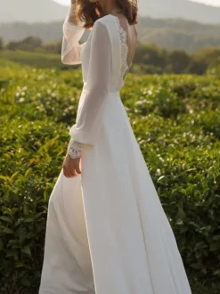 Simple Wedding Dress Lycra Spandex Bateau Neck Long Sleeves Lace A Line Bridal Gowns