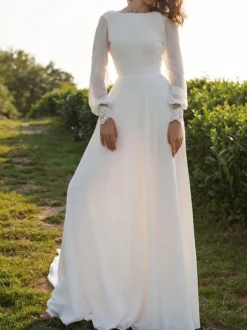 Simple Wedding Dress Lycra Spandex Bateau Neck Long Sleeves Lace A Line Bridal Gowns