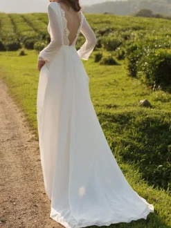 Simple Wedding Dress Lycra Spandex Bateau Neck Long Sleeves Lace A Line Bridal Gowns