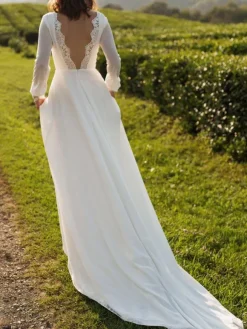Simple Wedding Dress Lycra Spandex Bateau Neck Long Sleeves Lace A Line Bridal Gowns