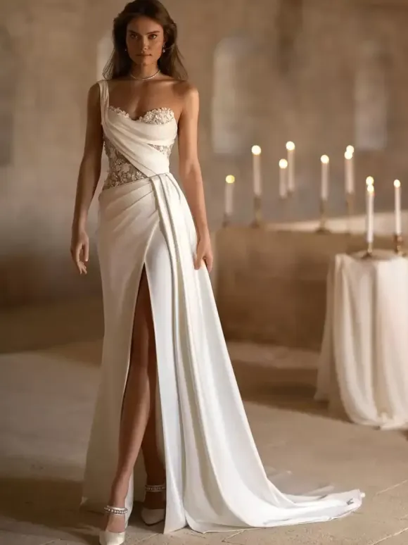 Simple Wedding Dress Mermaid One-Shoulder Sleeveless Lace Bridal Dresses