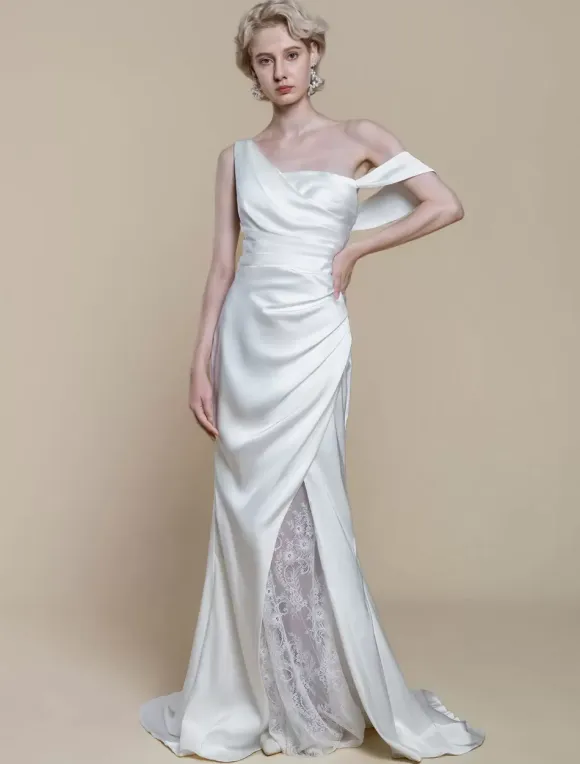 Simple Wedding Dress Mermaid Designed Neckline Sleeveless Lace 20cm Bridal Gowns