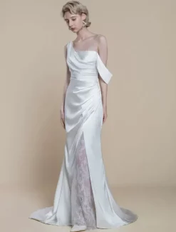Simple Wedding Dress Mermaid Designed Neckline Sleeveless Lace 20cm Bridal Gowns