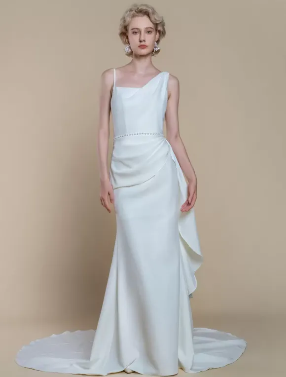 Simple Wedding Dress Mermaid Designed Neckline Sleeveless Pearls 60cm Bridal Dresses