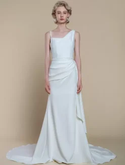 Simple Wedding Dress Mermaid Designed Neckline Sleeveless Pearls 60cm Bridal Dresses