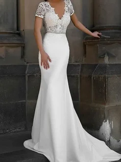 Simple Wedding Dress Mermaid Lace V Neck Short Sleeves Beaded Sash Bridal Dresses With Train