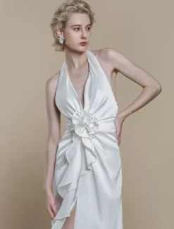 Simple Wedding Dress Polyester Designed Neckline Sleeveless Flowers Sheath 50cm Bridal Dresses