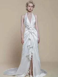 Simple Wedding Dress Polyester Designed Neckline Sleeveless Flowers Sheath 50cm Bridal Dresses