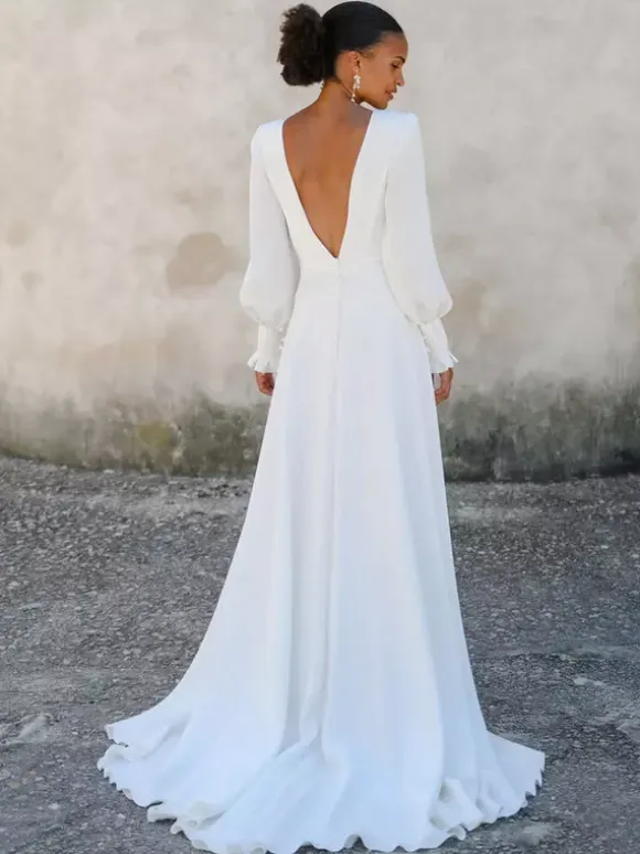 Simple Wedding Dress Satin Fabric V-Neck Sleeveless Buttons A-Line Bridal Dresses