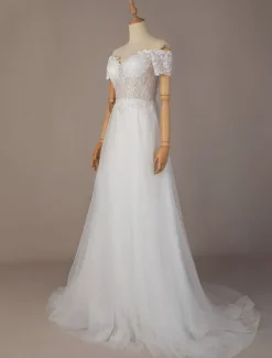 Simple Wedding Dress Tulle Off The Shoulder Short Sleeves Lace A Line Bridal Gowns