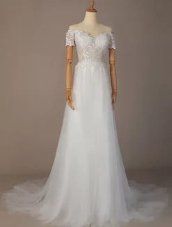Simple Wedding Dress Tulle Off The Shoulder Short Sleeves Lace A Line Bridal Gowns
