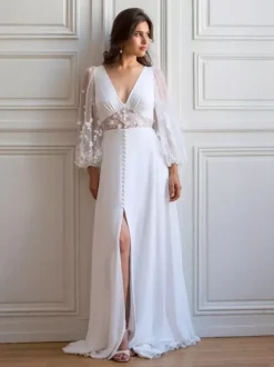 Simple Wedding Dress V-Neck Long Sleeves With Train Tulle Bridal Dresses