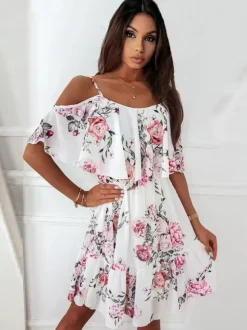 Skater Dresses Floral Print Straps Neck Pink Sexy Half Sleeves Fit And Flare Dress