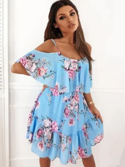 Skater Dresses Floral Print Straps Neck Pink Sexy Half Sleeves Fit And Flare Dress