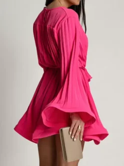 Skater Dress Boatneck Flared Sleeves Belted Office Casual Short Dress