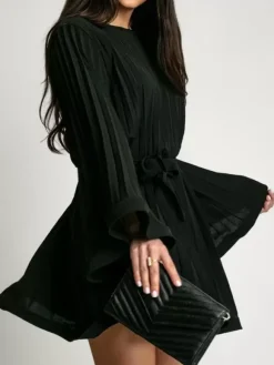 Skater Dress Boatneck Flared Sleeves Belted Office Casual Short Dress