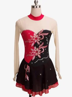 Skating Dress Red Floral Beading Ruffle Lycra Spandex Dance Costumes