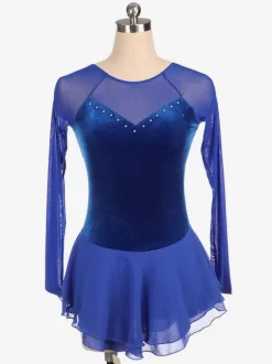 Skating Dress Blue Korean Velvet Long Sleeves Dance Costumes