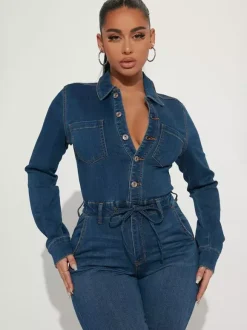 Skinny Denim Jumpsuit For Women - Dark Wash Sexy Bodycon Drawstring Waist Slim Fit Jean Romper - Spring Casual Club 2026