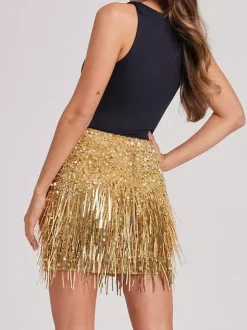 Skirt Clubwear Sequins Chic Fringe Gold Short Skirt