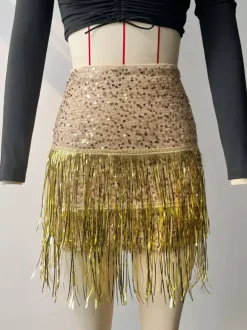 Skirt Clubwear Sequins Chic Fringe Gold Short Skirt