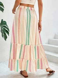 Skirts Apricot Bohemian Stripes Summer Mid-calf Length Women's Bottoms