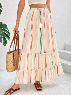 Skirts Apricot Bohemian Stripes Summer Mid-calf Length Women's Bottoms