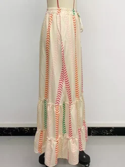 Skirts Apricot Bohemian Stripes Summer Mid-calf Length Women's Bottoms