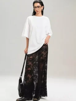 Skirts Black Lace Raised Waist Sexy Sheer Long Women's Bottoms